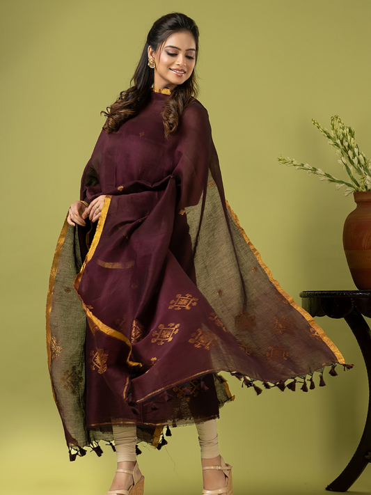 Handwoven Jamdani Linen Unstitched 2-piece Kurti | Plum Brown