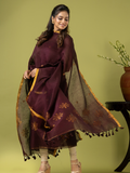 Handwoven Jamdani Linen Unstitched 2-piece Kurti | Plum Brown