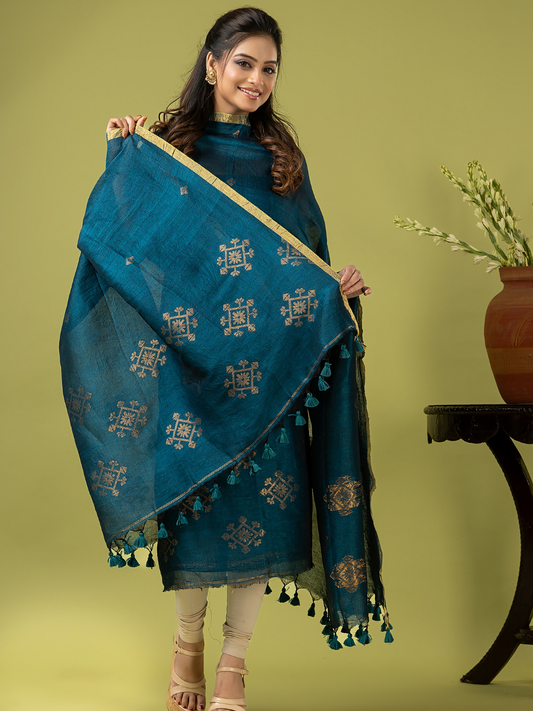 Handwoven Jamdani Linen Unstitched 2-piece Kurti | Peacock Blue