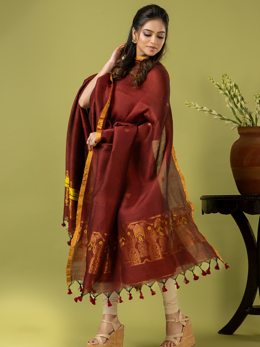 Handwoven Jamdani Linen Unstitched 2-piece Kurti | Rust Maroon