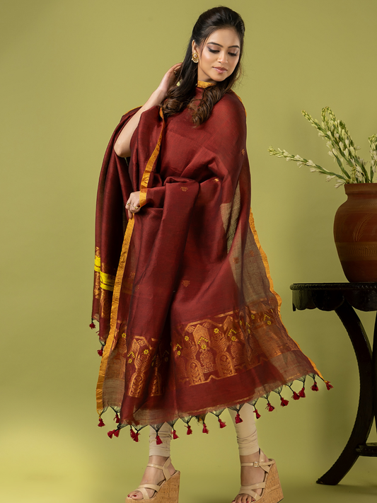 Handwoven Jamdani Linen Unstitched 2-piece Kurti | Rust Maroon