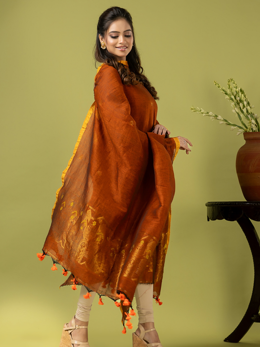 Handwoven Jamdani Linen Unstitched 2-piece Kurti | Burnt Orange