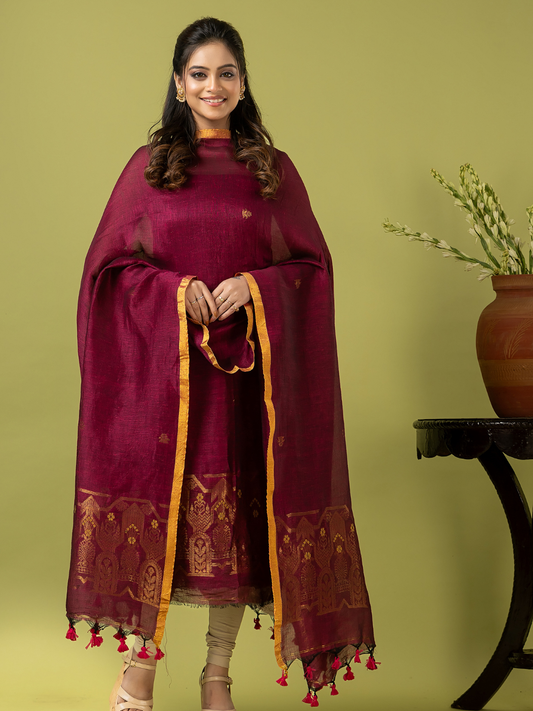 Handwoven Jamdani Linen Unstitched 2-piece Kurti | Wine Red