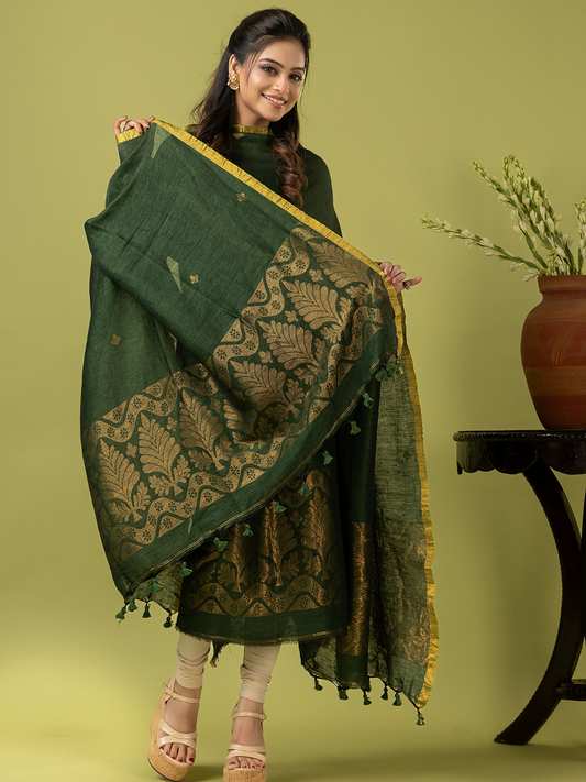 Handwoven Jamdani Linen Unstitched 2-piece Kurti | Forest Green
