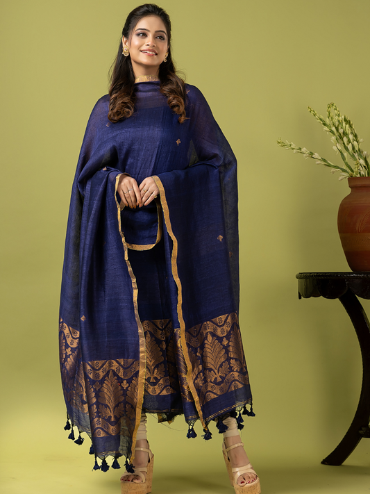 Handwoven Jamdani Linen Unstitched 2-piece Kurti | Navy Blue