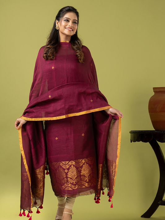 Handwoven Jamdani Linen Unstitched 2-piece Kurti | Raspberry Wine