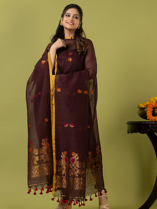 Handwoven Jamdani Linen Unstitched 2-piece Kurti | Dark Chocolate Brown