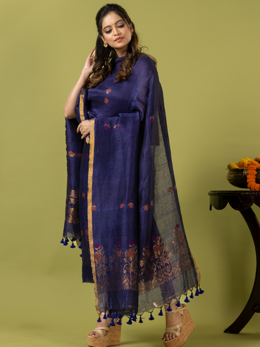 Handwoven Jamdani Linen Unstitched 2-piece Kurti | Indigo Blue