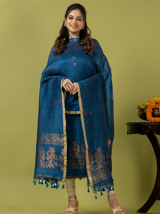 Handwoven Jamdani Linen Unstitched 2-piece Kurti | Teal Blue