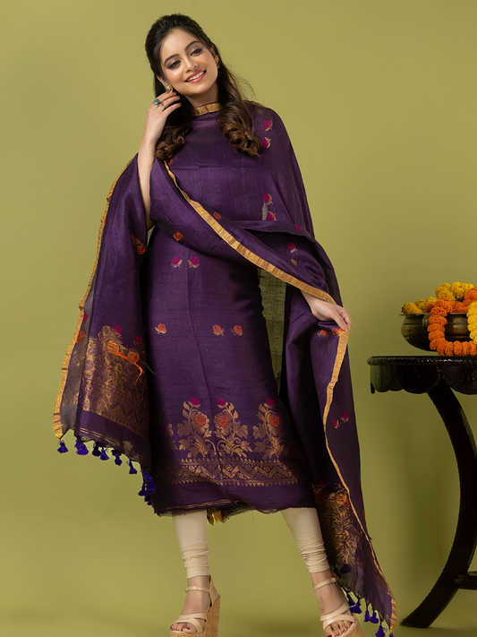 Handwoven Jamdani Linen Unstitched 2-piece Kurti | Aubergine Purple