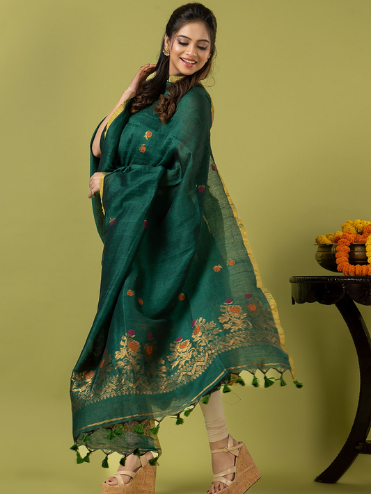 Handwoven Jamdani Linen Unstitched 2-piece Kurti | Emerald Green
