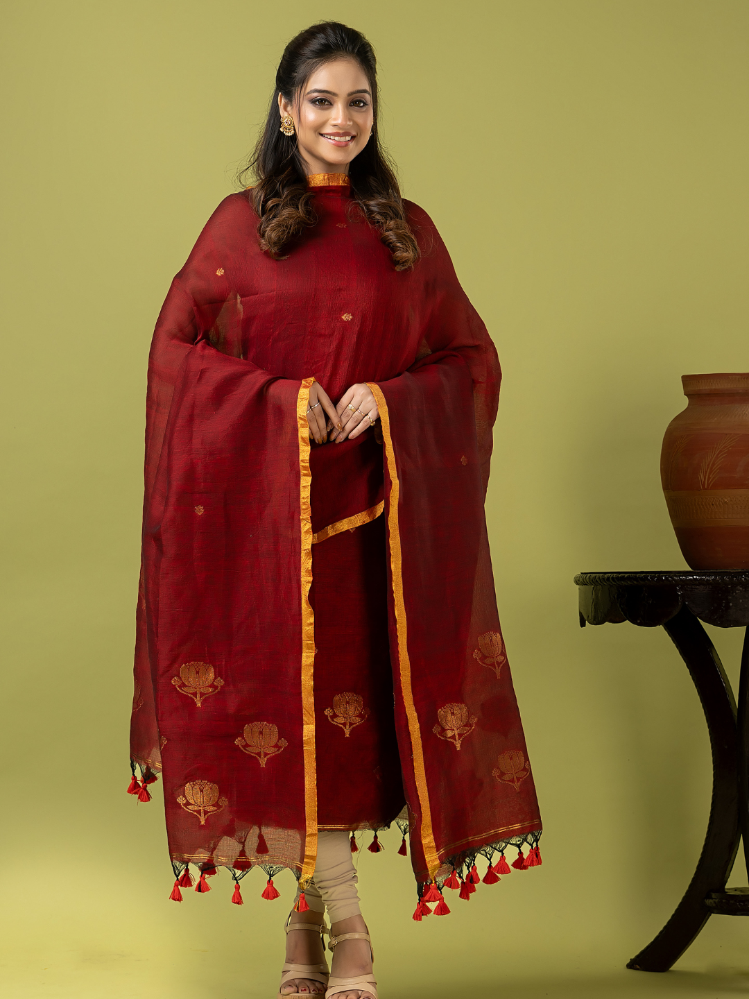 Handwoven Jamdani Linen Unstitched 2-piece Kurti | Deep Red