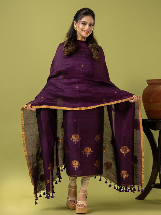 Handwoven Jamdani Linen Unstitched 2-piece Kurti | Royal Purple