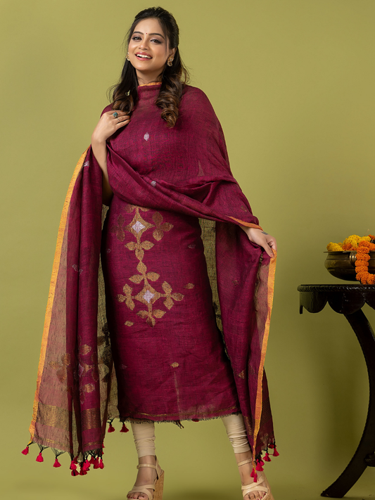 Handwoven Jamdani Linen Unstitched 2-piece Kurti | Raspberry Magenta