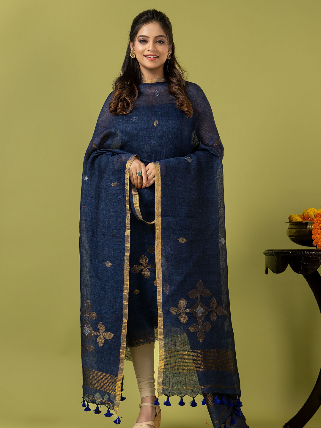 Handwoven Jamdani Linen Unstitched 2-piece Kurti | Navy Blue
