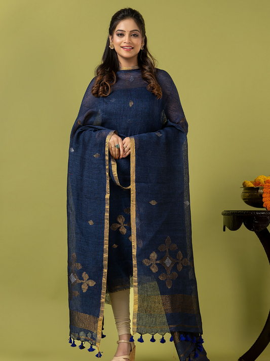 Handwoven Jamdani Linen Unstitched 2-piece Kurti | Navy Blue