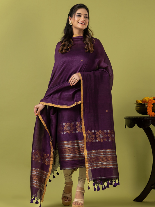 Handwoven Jamdani Linen Unstitched 2-piece Kurti | Aubergine Purple
