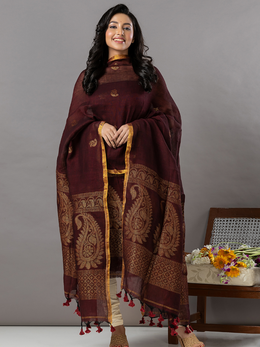 Handwoven Jamdani Linen Unstitched 2-Piece Kurti | Deep Coffee Brown