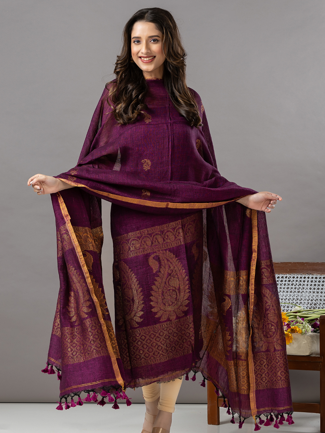 Handwoven Jamdani Linen Unstitched 2-Piece Kurti | Deep Plum Purple