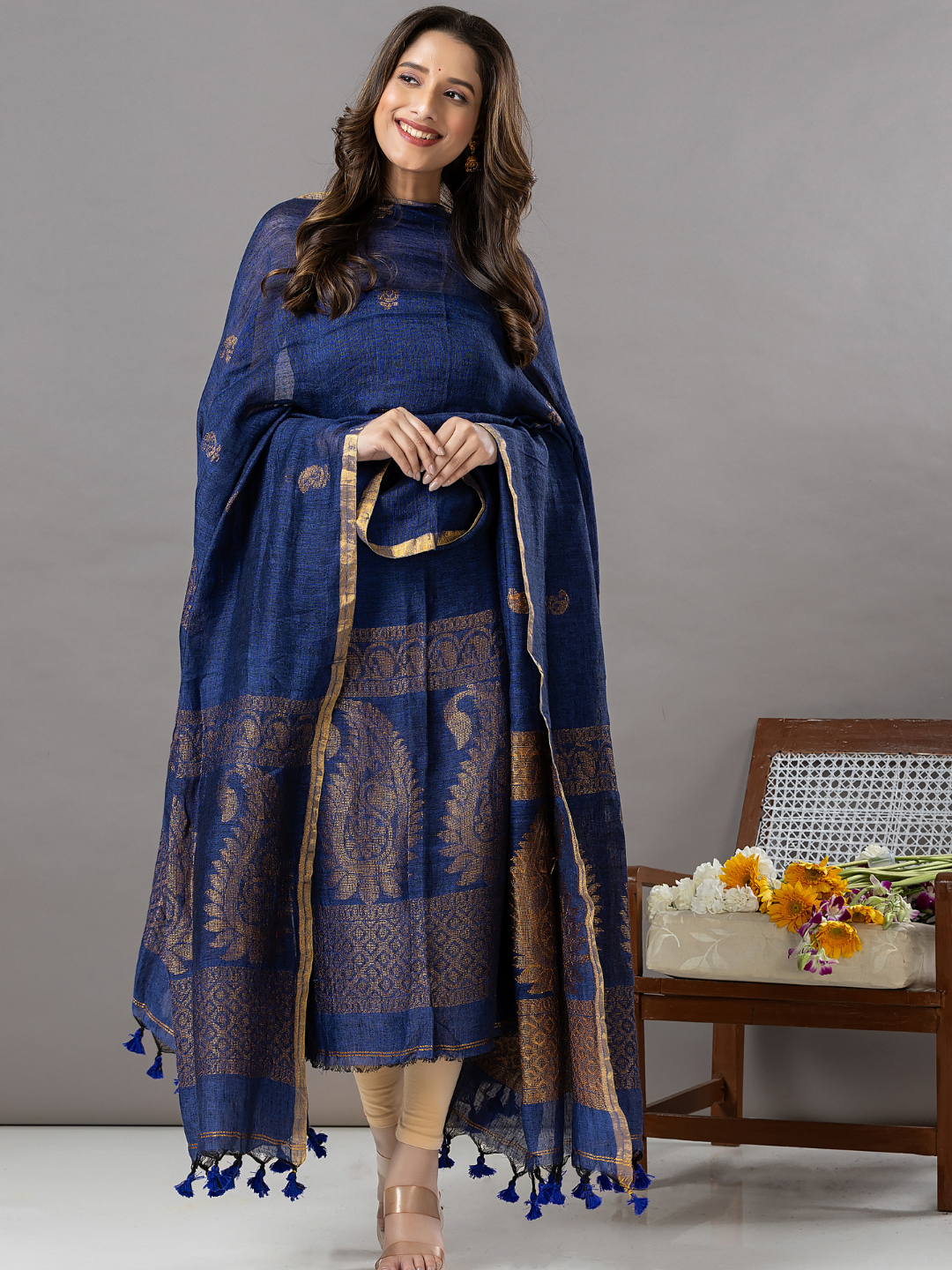 Handwoven Jamdani Linen Unstitched 2-Piece Kurti | Deep Navy Blue