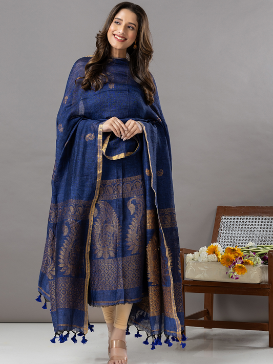 Handwoven Jamdani Linen Unstitched 2-Piece Kurti | Deep Navy Blue