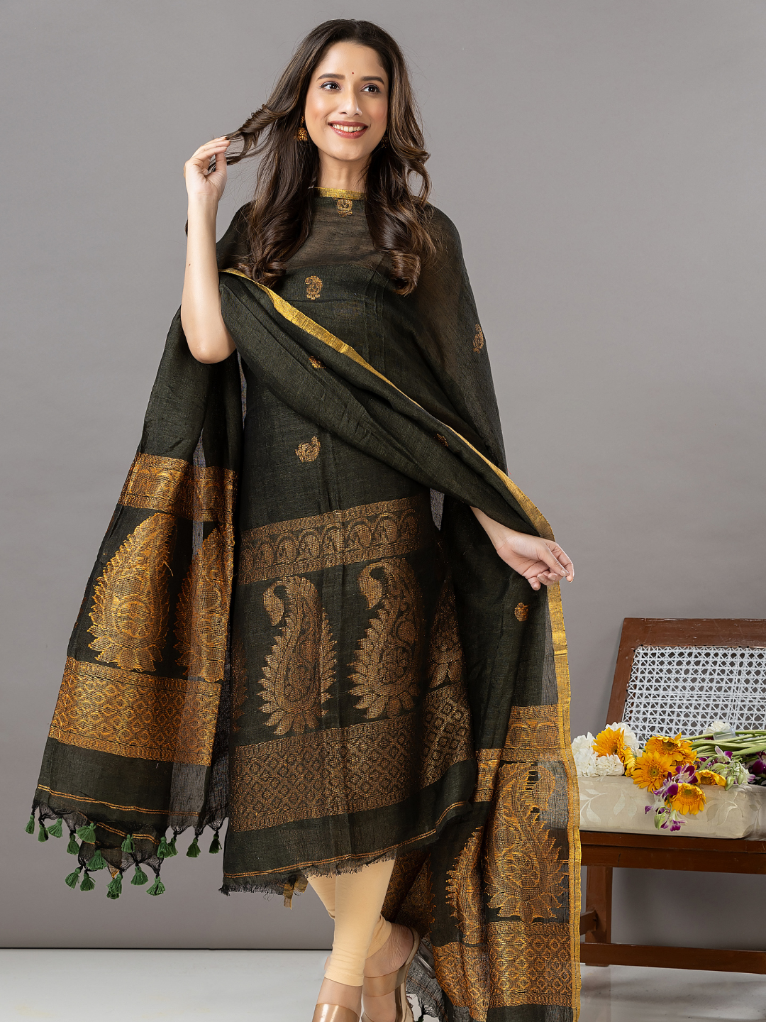 Handwoven Jamdani Linen Unstitched 2-Piece Kurti | Dark Olive Green
