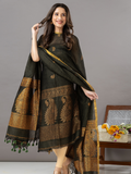 Handwoven Jamdani Linen Unstitched 2-Piece Kurti | Dark Olive Green
