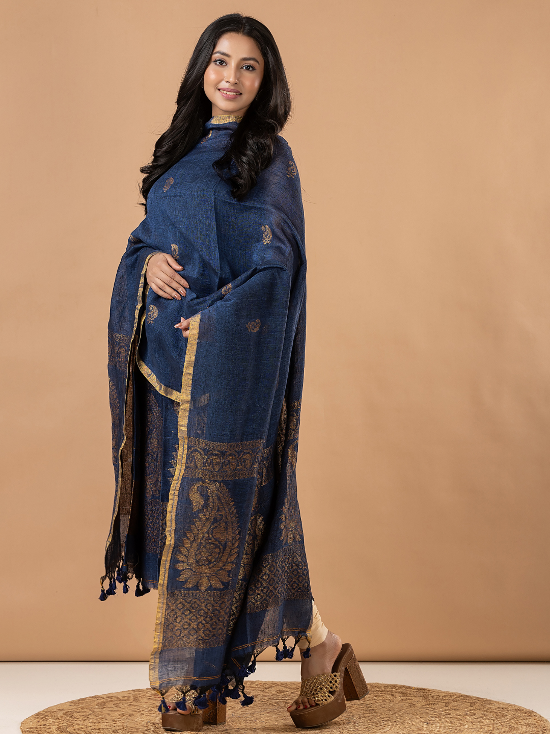 Handwoven Jamdani Linen Unstitched 2-Piece Kurti | Denim Navy Blue