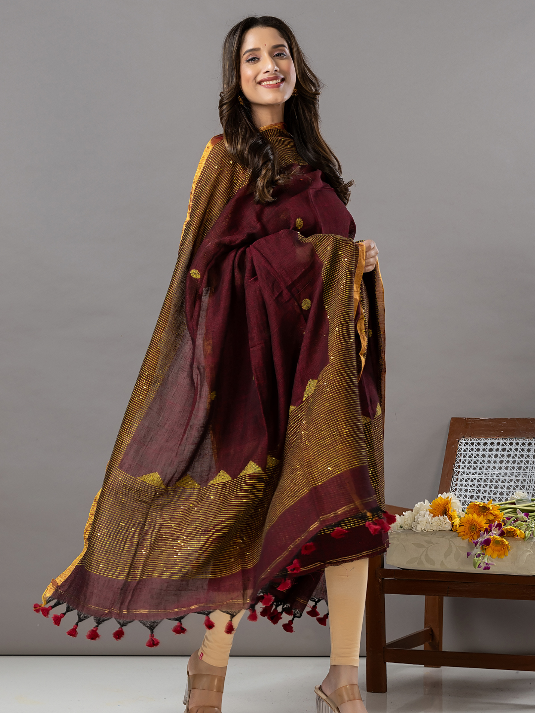 Handwoven Jamdani Linen Unstitched 2-Piece Kurti | Wine Maroon