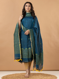 Handwoven Jamdani Linen Unstitched 2-Piece Kurti | Peacock Teal Blue