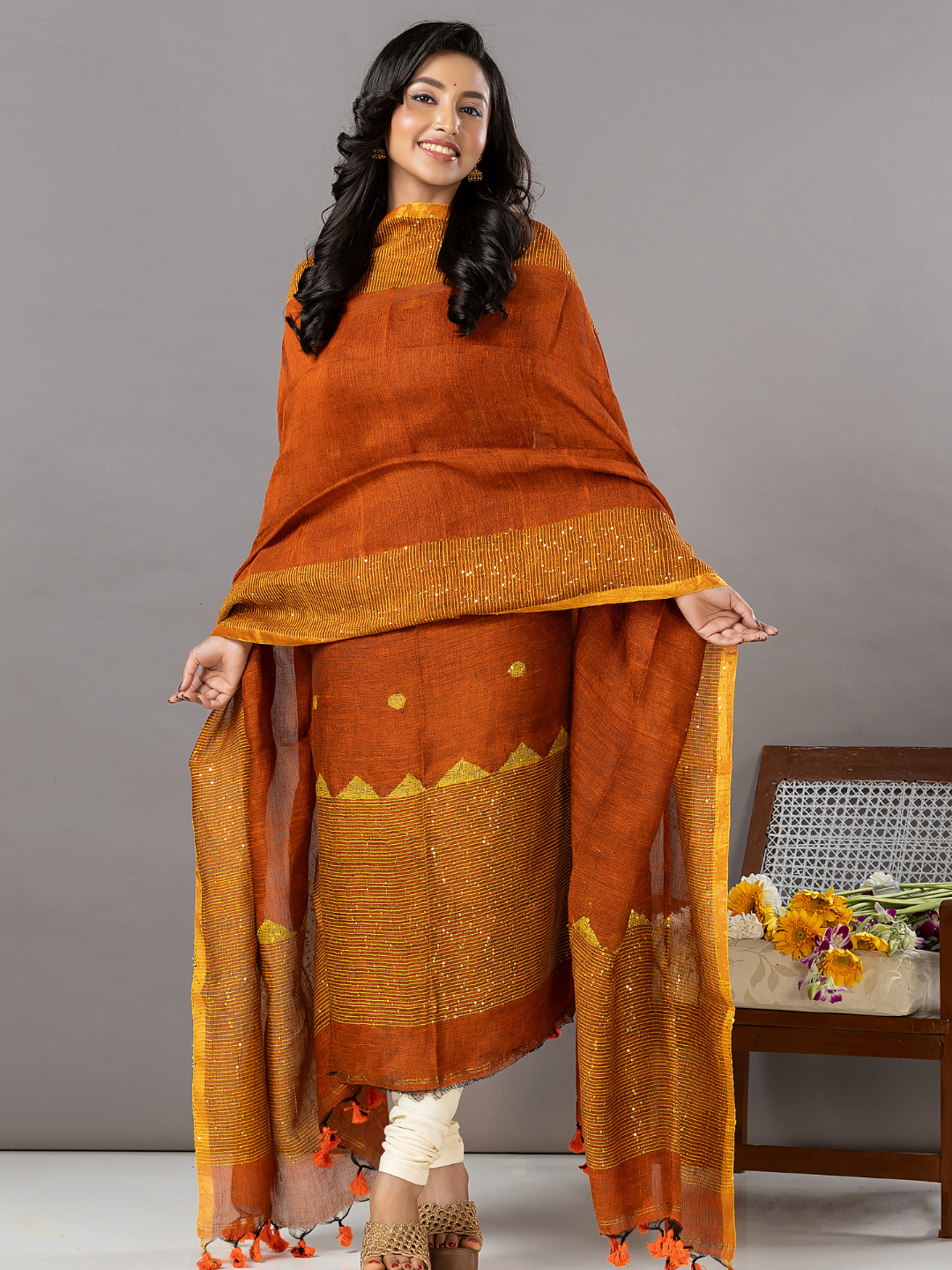Handwoven Jamdani Linen Unstitched 2-Piece Kurti | Burnt Orange