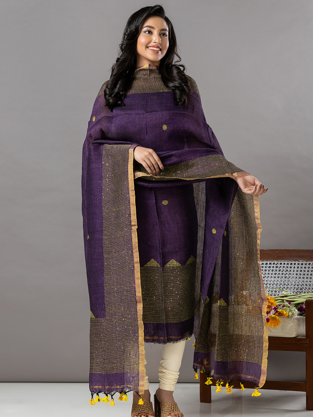 Handwoven Jamdani Linen Unstitched 2-Piece Kurti | Deep Violet