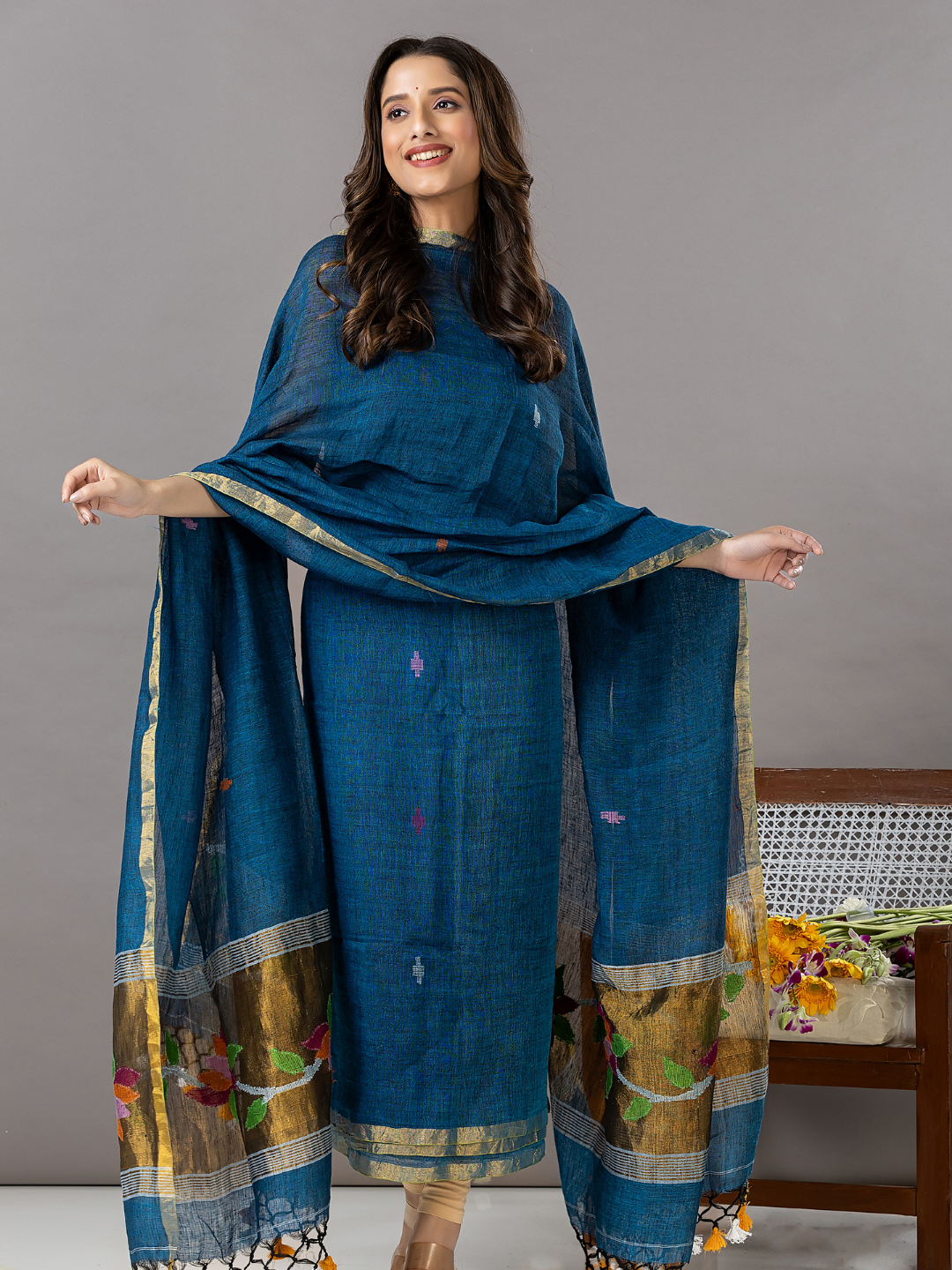 Handwoven Jamdani Linen Unstitched 2-Piece Kurti | Deep Teal Blue