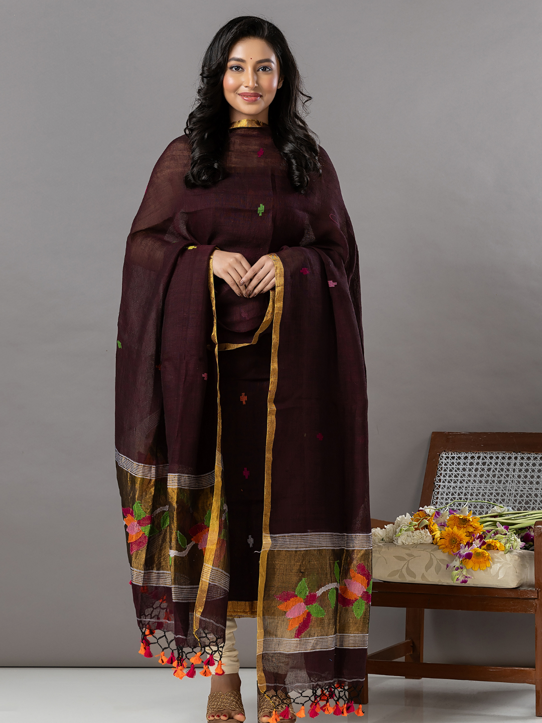Handwoven Jamdani Linen Unstitched 2-Piece Kurti | Dark Chocolate Brown