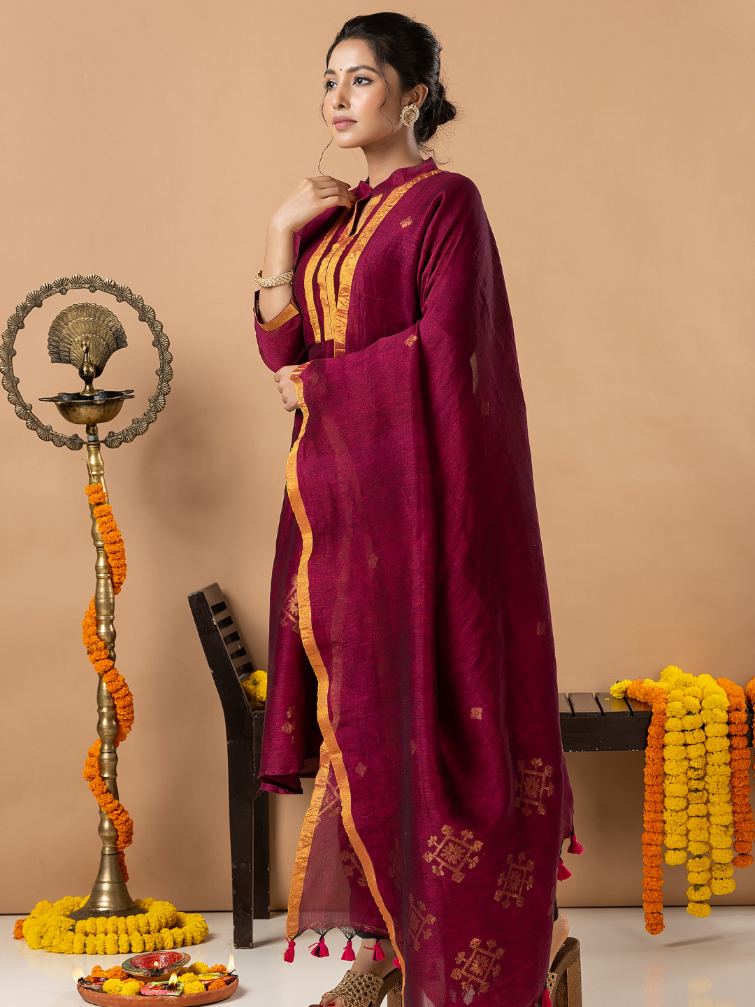 Handwoven Jamdani Linen Unstitched 2-Piece Kurti | Deep Magenta