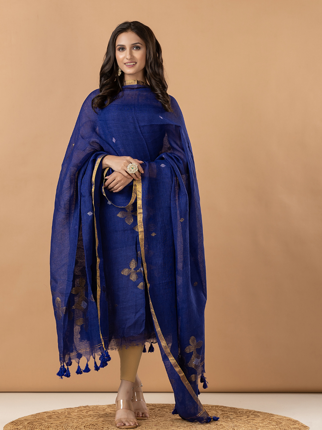 Handwoven Jamdani Linen Unstitched 2-Piece Kurti | Royal Blue