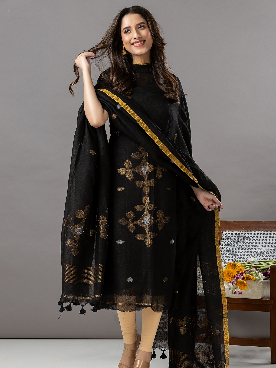 Handwoven Jamdani Linen Unstitched 2-Piece Kurti | Jet Black