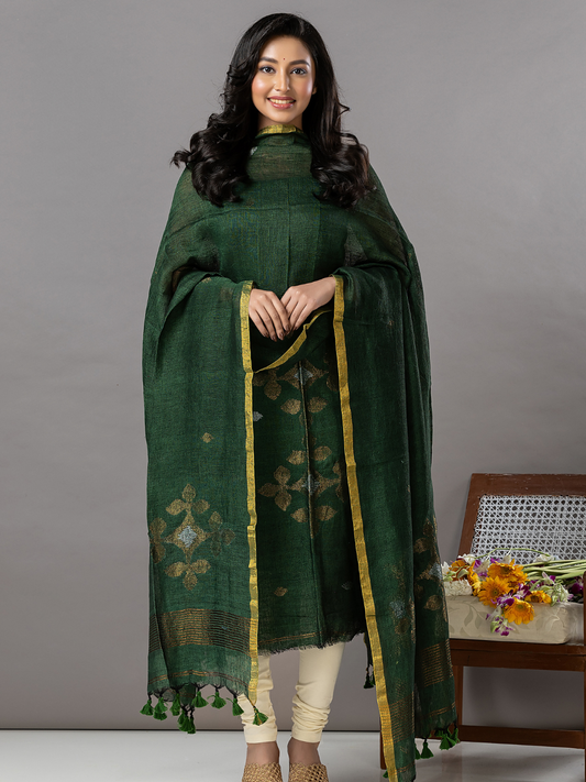 Handwoven Jamdani Linen Unstitched 2-Piece Kurti | Forest Green