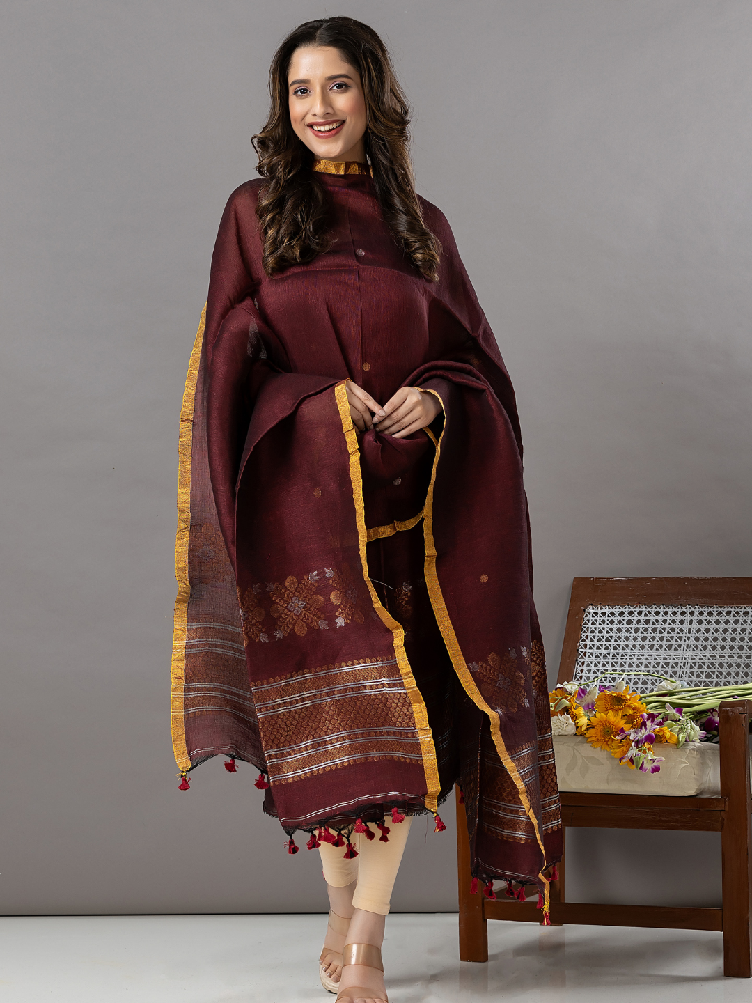 Handwoven Jamdani Linen Unstitched 2-Piece Kurti | Wine Maroon