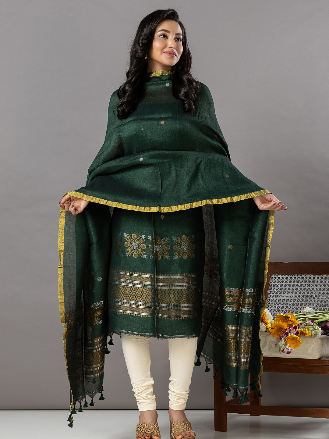Handwoven Jamdani Linen Unstitched 2-Piece Kurti | Bottle Green