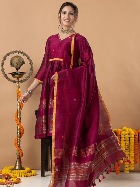 Handwoven Jamdani Linen Unstitched 2-Piece Kurti | Fuchsia Pink