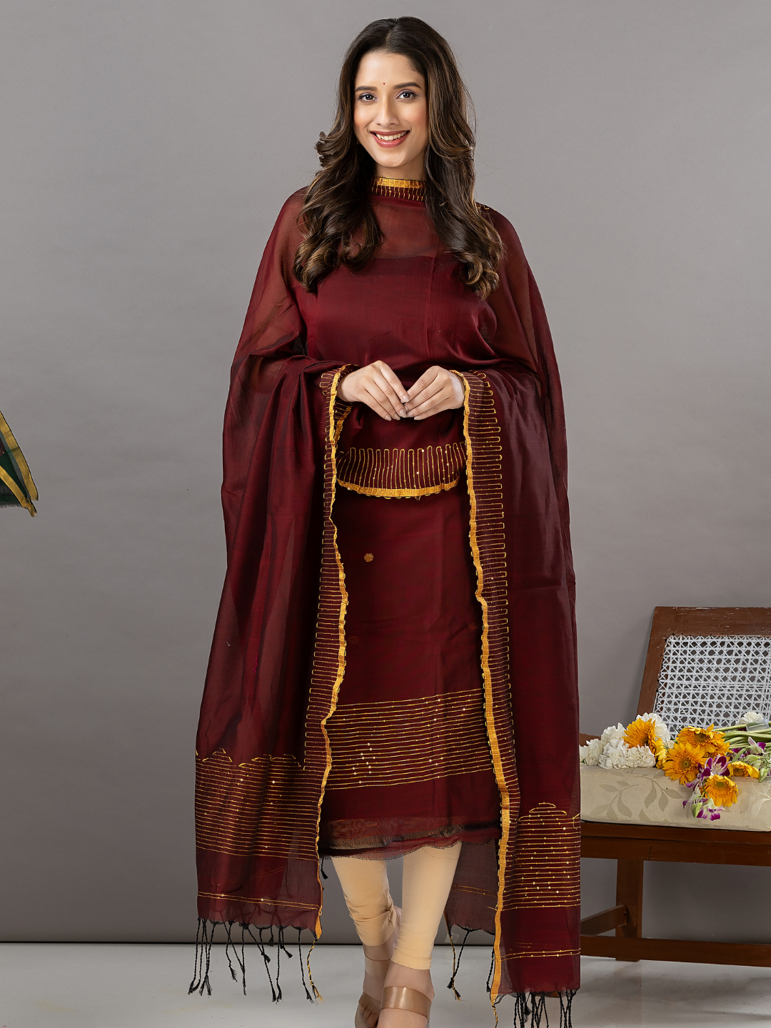 Handwoven Jamdani Linen Unstitched 2-Piece Kurti | Wine Maroon