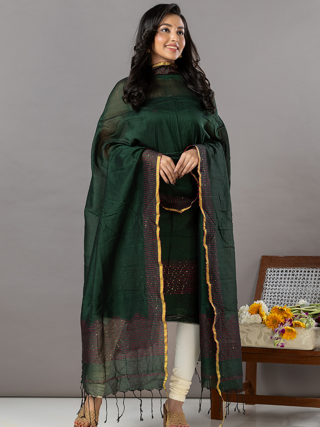 Handwoven Jamdani Linen Unstitched 2-Piece Kurti | Bottle Green