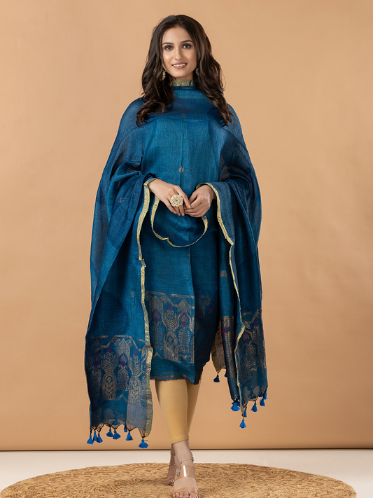 Handwoven Jamdani Linen Unstitched 2-Piece Kurti | Peacock Teal