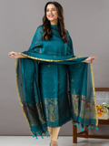 Handwoven Jamdani Linen Unstitched 2-Piece Kurti | Bright Teal
