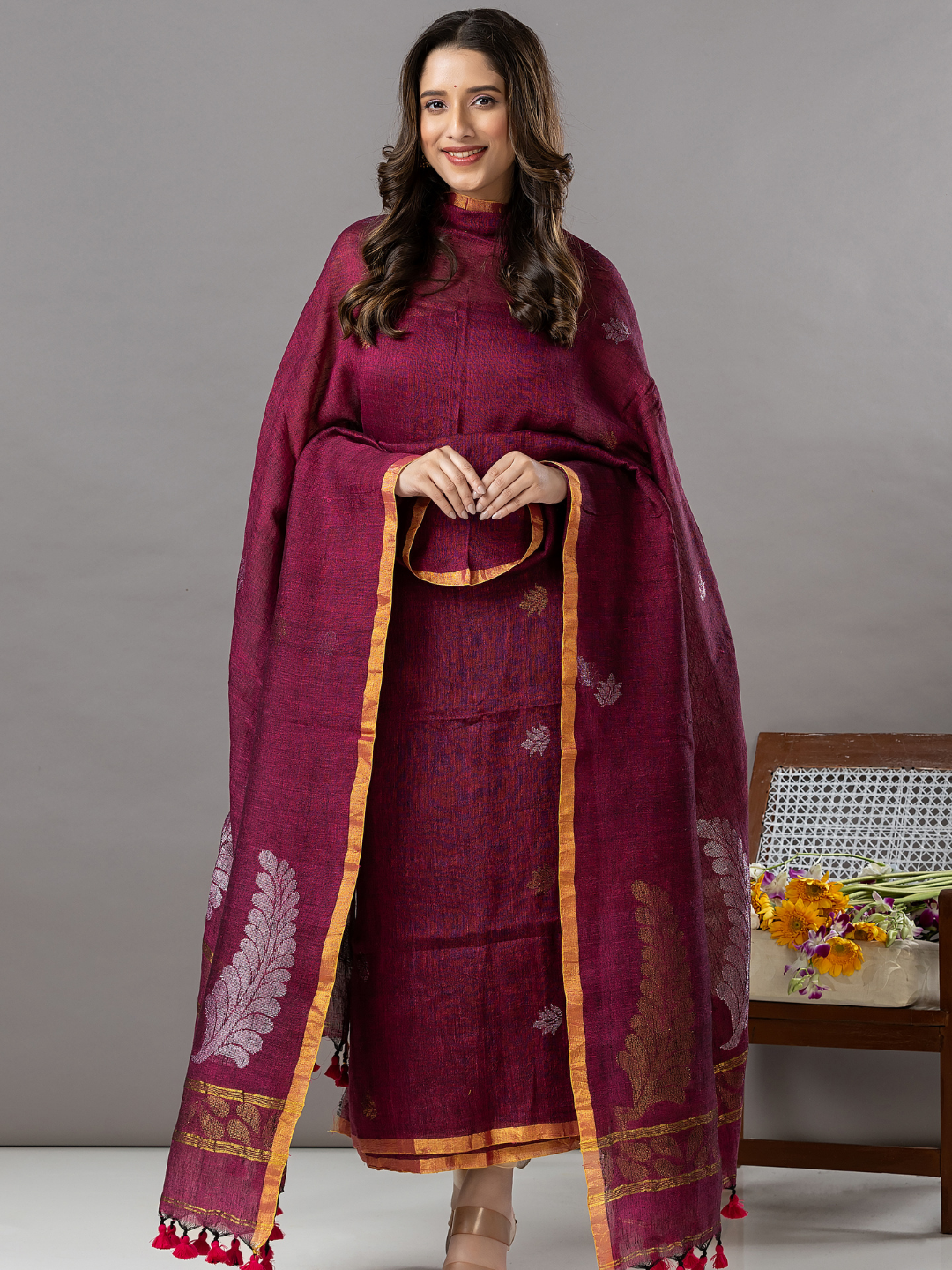 Handwoven Jamdani Linen Unstitched 2-Piece Kurti | Berry Magenta
