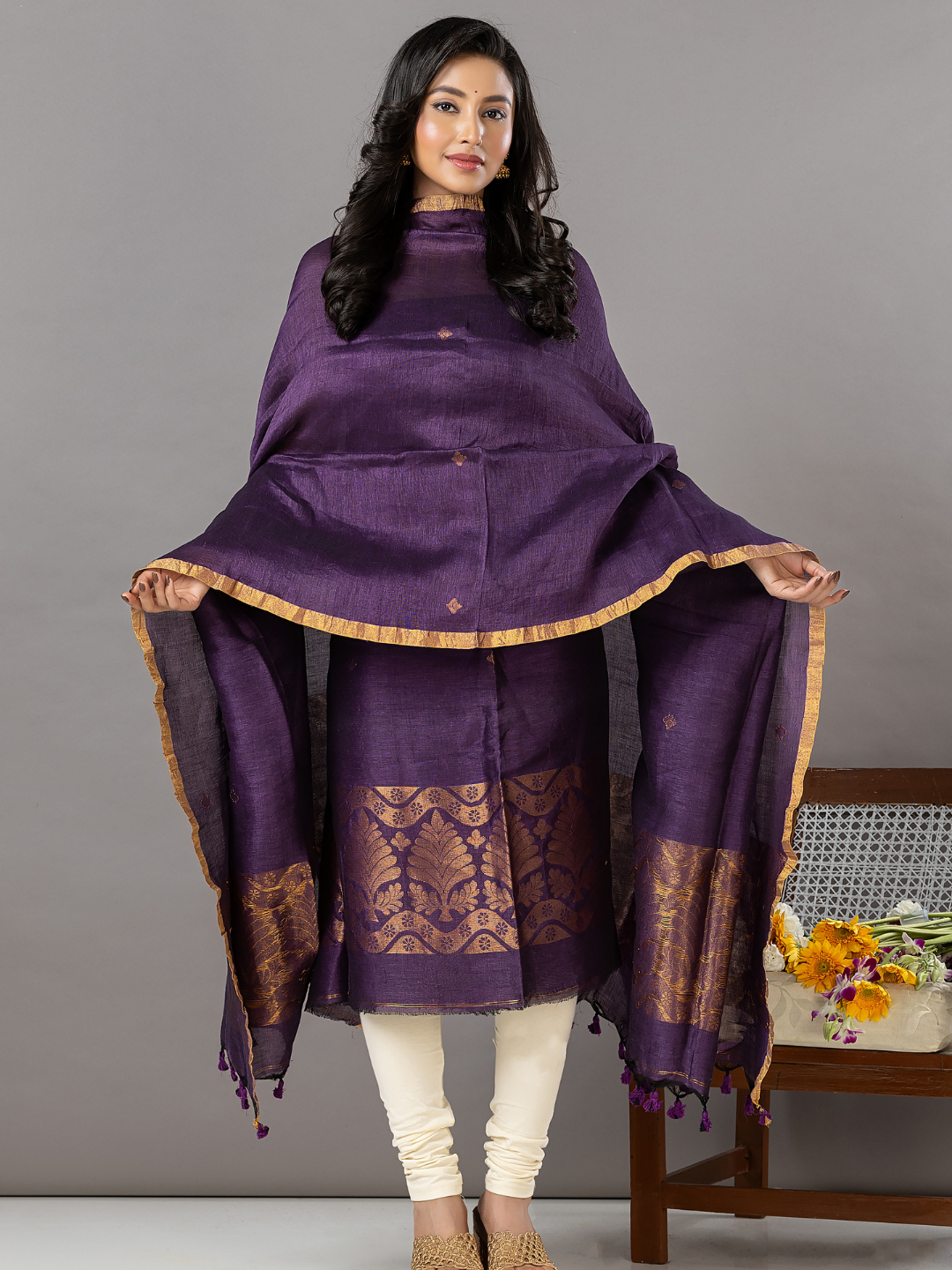 Handwoven Jamdani Linen Unstitched 2-Piece Kurti | Deep Purple