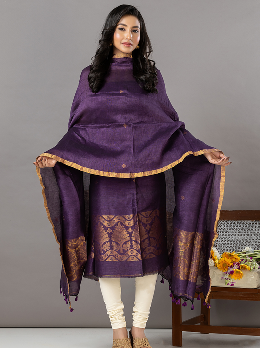 Handwoven Jamdani Linen Unstitched 2-Piece Kurti | Deep Purple