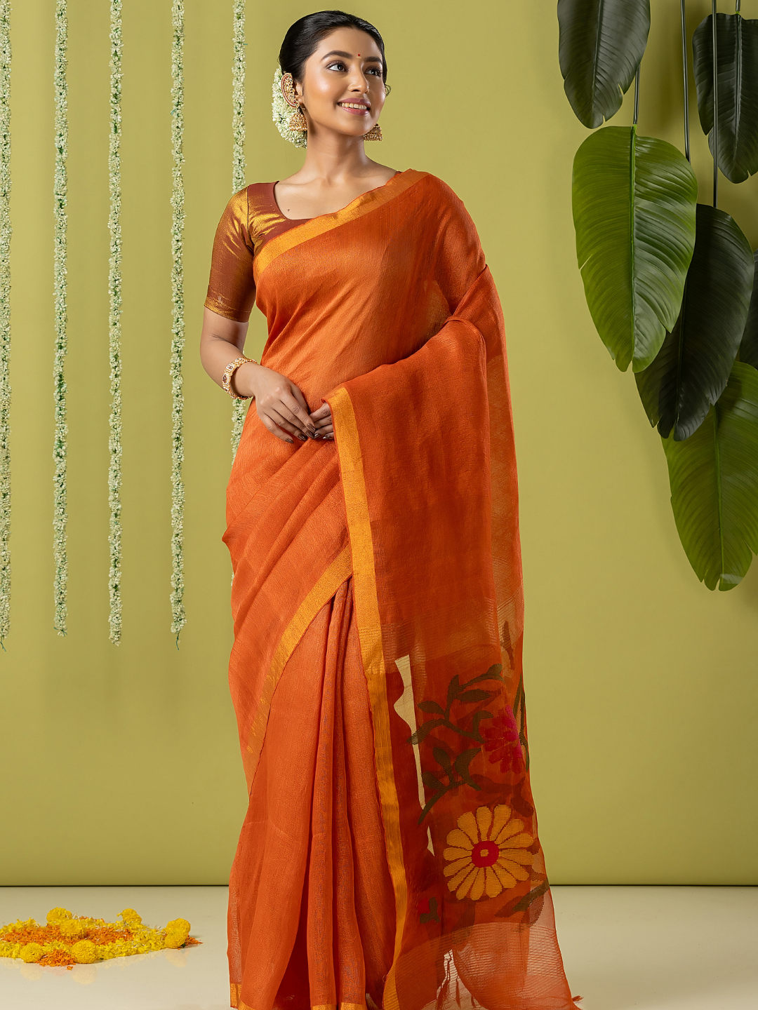 Handwoven Jamdani Linen Saree | Burnt Orange