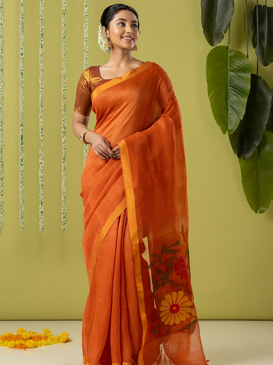 Handwoven Jamdani Linen Saree | Burnt Orange